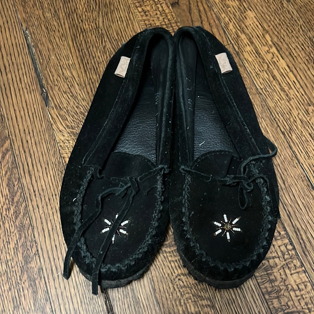 Laurentian Chief Black Suede Beaded Moccasins